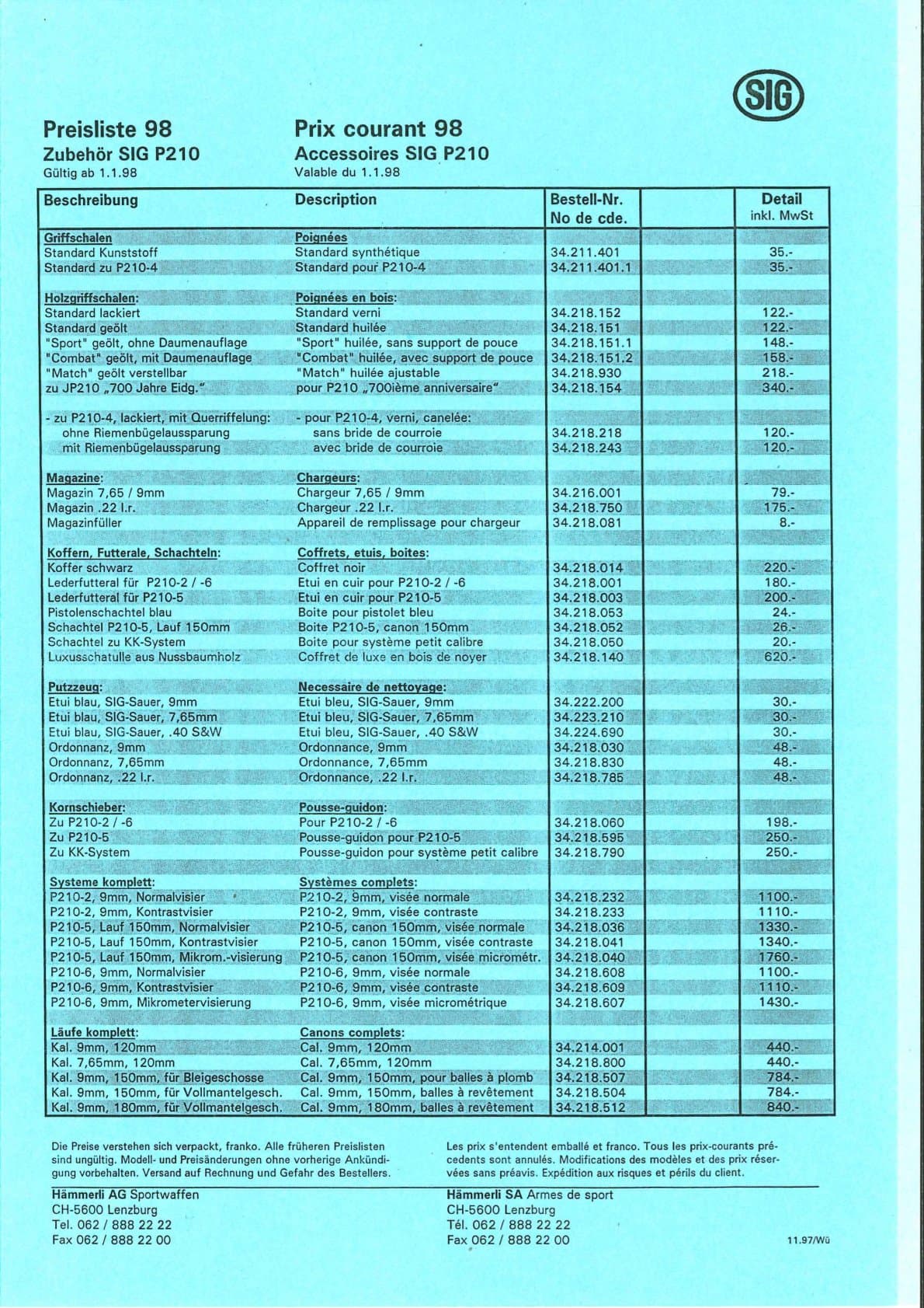 SIG Preisliste P210 Pistolen und Zubehör 1998